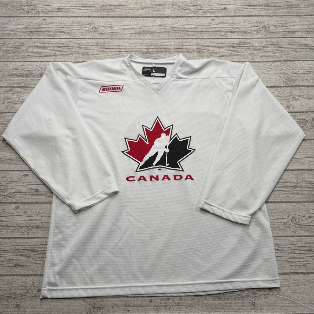 Y2K Bauer Hockey Jersey Men's Large White V-Neck Team Canada Long Sleeve Mesh